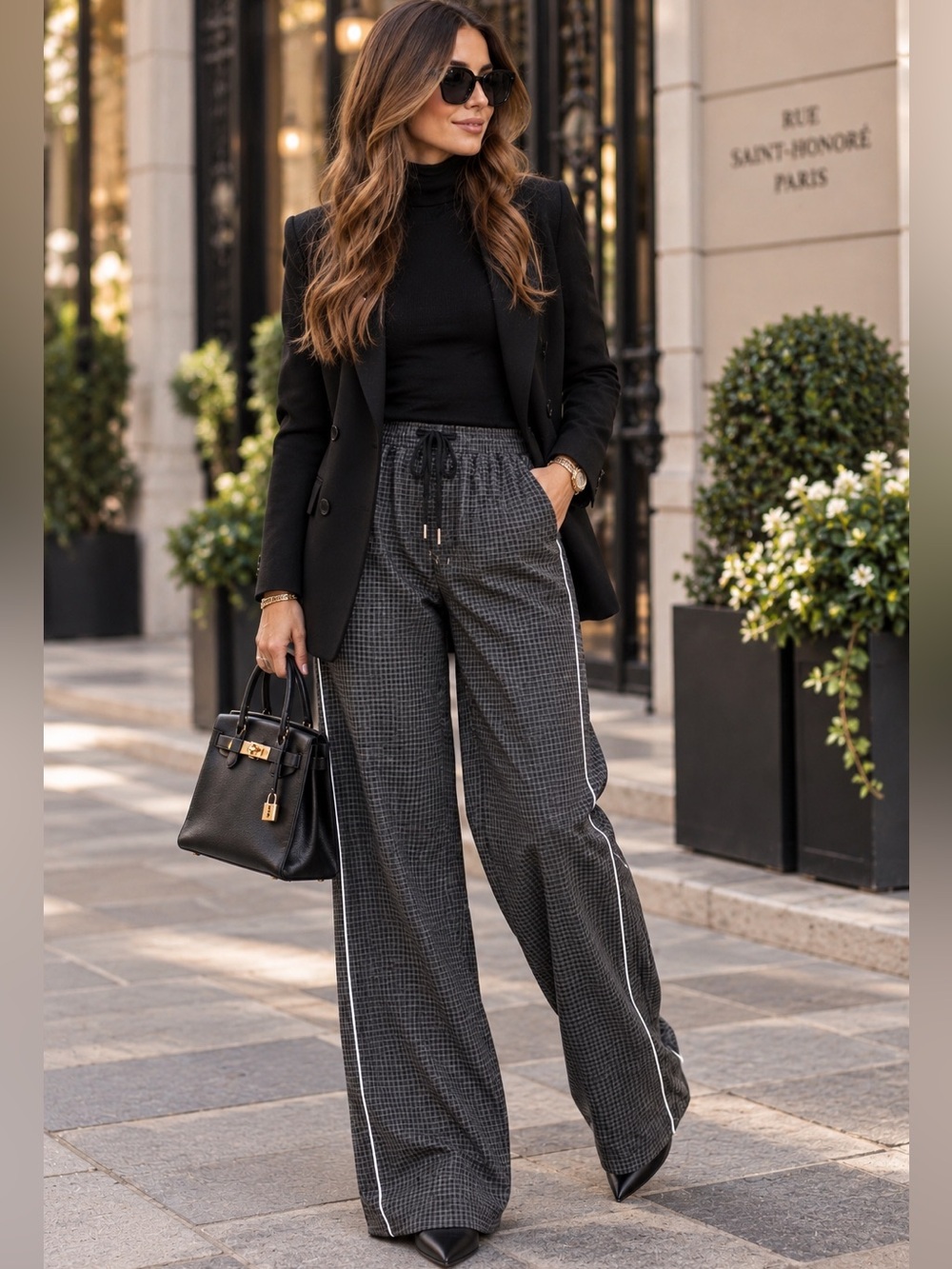 Wide-Leg Drawstring Pants in Charcoal Check With White Side Stripes
